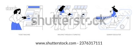 Metro facilities abstract concept vector illustration set. Ticket machine, smart card, subway passenger walking through a turnstile, subway escalator, public transport services abstract metaphor.