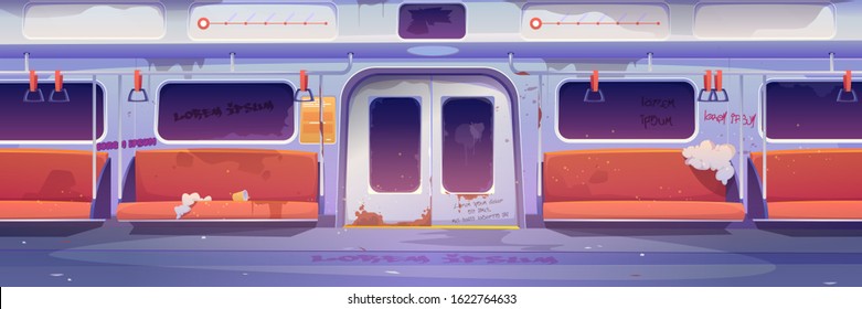 Metro in getto, empty subway tube wagon interior with graffiti, broken seats and garbage around. Old underground metropolitan railroad urban transportation, public railway. Cartoon vector illustration