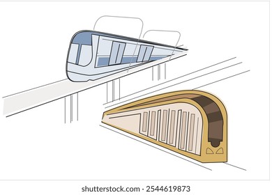 metro, alta velocidade, tecnologia de transporte, trem, pessoas, cabo, faixa, esboço, vetor, desenho, porta-objetos, eps, alta definição, portas, janelas, linhas, arte de linha, azul, amarelo, feito à mão