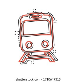 Metro icon in comic style. Train subway cartoon vector illustration on white isolated background. Railroad cargo splash effect business concept.