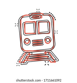 Metro icon in comic style. Train subway cartoon vector illustration on white isolated background. Railroad cargo splash effect business concept.