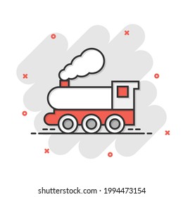 Metro icon in comic style. Train subway cartoon vector illustration on white isolated background. Railroad cargo splash effect business concept.