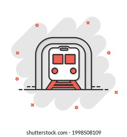 Metro icon in comic style. Train subway cartoon vector illustration on white isolated background. Railroad cargo splash effect business concept.