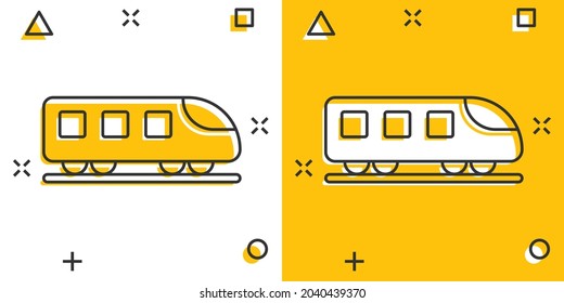 Metro icon in comic style. Train subway cartoon vector illustration on white isolated background. Railroad cargo splash effect business concept.