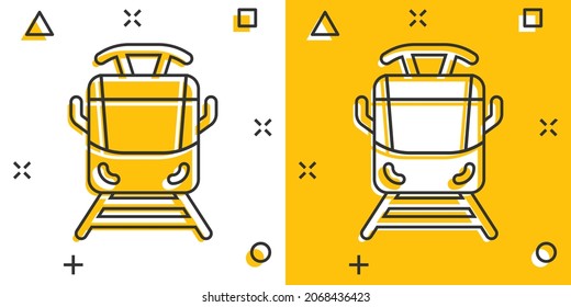 Metro icon in comic style. Train subway cartoon vector illustration on white isolated background. Railroad cargo splash effect business concept.