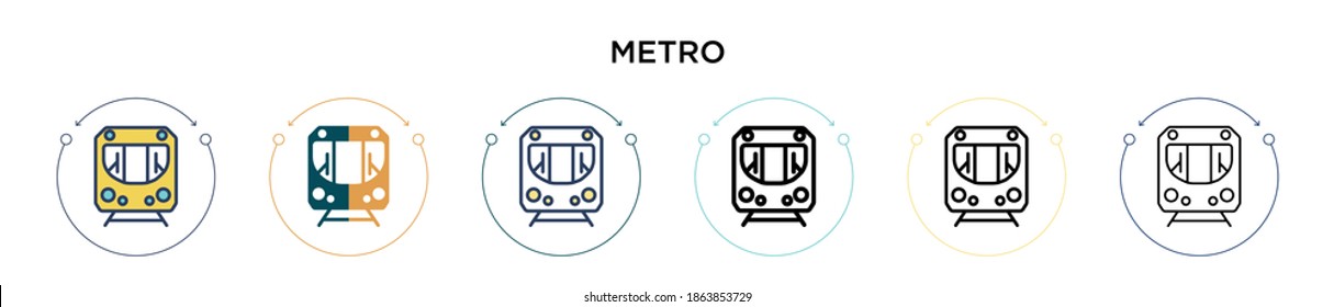 Metro icon in filled, thin line, outline and stroke style. Vector illustration of two colored and black metro vector icons designs can be used for mobile, ui, web