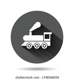 Metro icon in flat style. Train subway vector illustration on black round background with long shadow effect. Railroad cargo circle button business concept.