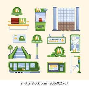 Metro infrastructure. Subway signs railway transport turn site stairs urban metro collection garish vector flat illustrations isolated