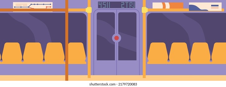 Metro Interior, Empty Subway Train with Door, Seats and Windows, Underground Interior Design. Metropolitan, Railroad, Public Railway, City Commuter Transport. Cartoon Vector Illustration