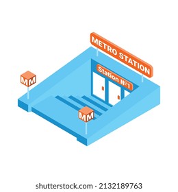 Metro isometric composition with isolated image of entrance to underground subway with doors and stairway vector illustration