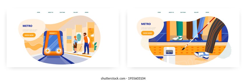 Metro landing page design, website banner vector template set. Blind man with cane waiting for train at tactile paving.