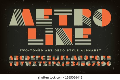 Metro Line; a vector alphabet in the art deco style with blocky geometric letters and striped components. Lettering in sage green and orange two-tone. This font has a 1930s retro theatrical flair.