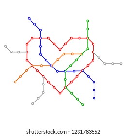 metro map heart shape minimalistic colorful scheme on white background