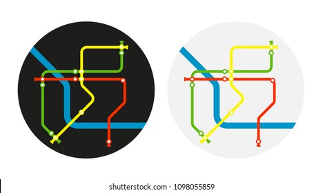 Metro Map Icon Design. Template of City for Underground Road on Black and Grey Background. Flat Style Vector Illustration