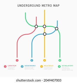 Metro map infographics vector template. City Subway transportation scheme. Underground connection top view. Industrial transport maze colorful illustration.