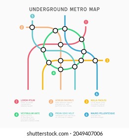 Metro map infographics vector template. City Subway transportation scheme. Underground connection top view. Industrial transport maze colorful illustration. svg