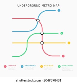 Metro map infographics vector template. City Subway transportation scheme. Underground connection top view. Industrial transport maze colorful illustration.