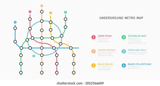 Plantilla de vector de infografía de mapas de metro. Plan de transporte del metro de la ciudad. Vista superior de la conexión subterránea. El transporte industrial labra una colorida ilustración.