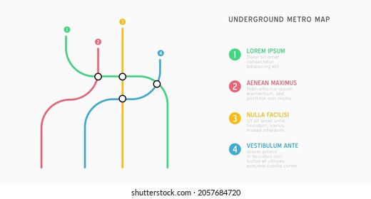 Metro map infographics vector template. City Subway transportation scheme. Underground connection top view. Industrial transport maze colorful illustration.