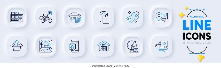 Metro map, Journey and Fast delivery line icons for web app. Pack of Ambulance transport, Wholesale goods, Flight mode pictogram icons. Paper wallpaper, Bicycle parking, Buy car signs. Vector