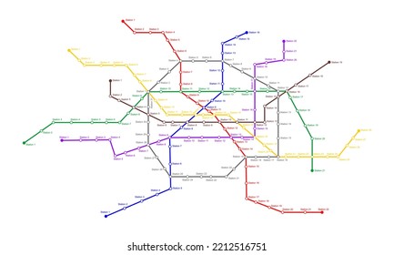 Metro Map With Many Colored Way Lines And Stations. Subway Scheme Template. Infographic Plan Of Public Rapid Underground Transport Network Isolated On White Background. Vector Flat Illustration