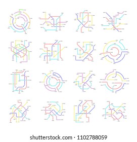 Metro Map Signs Color Thin Line Icon Set Transportation Concept Plan for City. Vector illustration of Subway