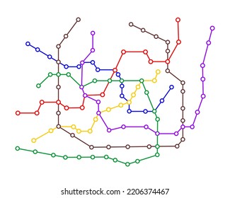 Metro Map Template. Subway Plan With Many Colored Way Lines. Infographic Diagram Of Public Rapid Transport Network Scheme Isolated On White Background. Vector Flat Illustration