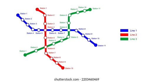 Metro Map Template. Subway Scheme With 3 Colored Way Lines With Stations. Infographic Diagram Of Public Rapid Transport Network Isolated On White Background. Vector Illustration