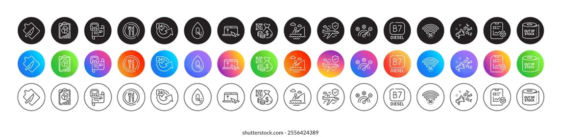 Metro map, Toilet paper and Food line icons. Round icon gradient buttons. Pack of Report, 24 hours, 5g wifi icon. Boat fishing, Ole chant, No alcohol pictogram. Vector