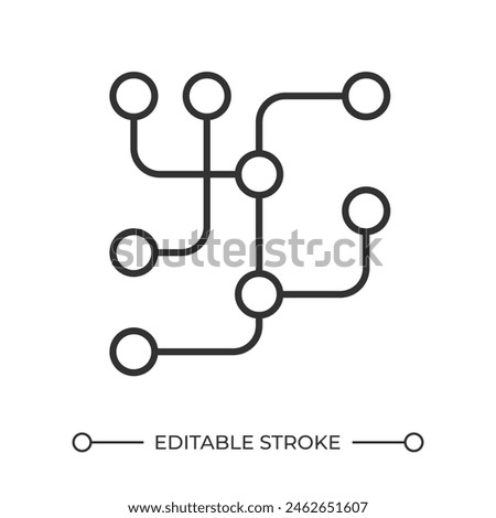 Metro network map linear icon. Interconnected lines and nodes. Public transportation scheme. Metro lines. Thin line illustration. Contour symbol. Vector outline drawing. Editable stroke
