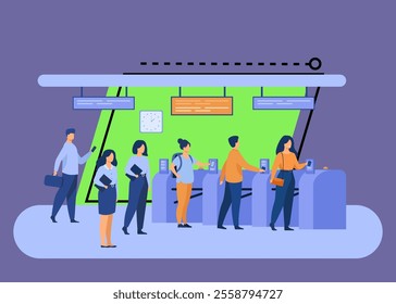 Metro passengers scanning electronic train tickets at entrance and turnstiles. Subway employees in uniforms keeping order. Vector illustration for public transport, automatic service concept