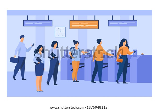 Metro passengers scanning electronic train\
tickets at entrance and turnstiles. Subway employees in uniforms\
keeping order. Vector illustration for public transport, automatic\
service concept