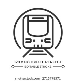 Ícone de linha perfeita de pixel do metrô. Trem no túnel do metrô. Transporte ferroviário de passageiros. Ferrovia subterrânea. Ilustração isolada de vetor. Símbolo de estrutura de tópicos. Desenho linear simples. Traçado editável