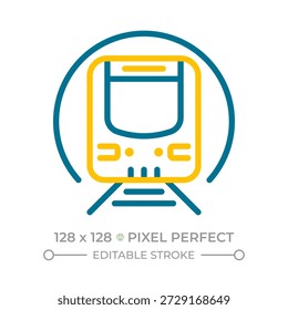 Metro Pixel perfekt zwei Farben Linie Symbol. Zug in U-Bahn-Tunnel. Schienenpersonenverkehr. Unterirdisches Zweifarbensymbol. Lineares Piktogramm mit Duoton. Isolierte Abbildung. Bearbeitbarer Strich