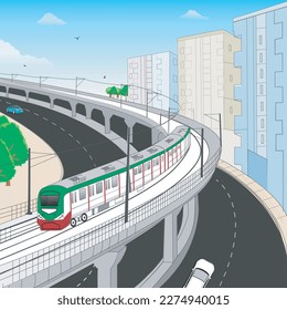 Metro rail with cityscape, Metro Rail and city, Metro rail with cityscape top view