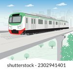 Metro rail, illustration, Transportation.The Dhaka Metro Rail is a mass rapid transit system serving Dhaka, the capital city of Bangladesh. It is owned, and operated by the Dhaka Mass Transit Company 