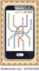 Metro scheme in a mobile phone. View from above. Vector illustration.