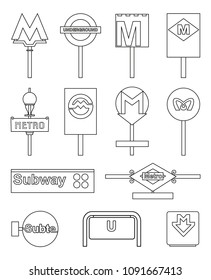 Metro signs in the cities of the world set.  Vector illustration isolated on white background.