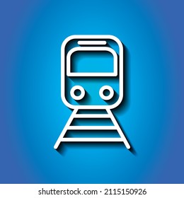 Icono simple del metro. Diseño plano. Icono blanco con sombra sobre fondo azul.ai