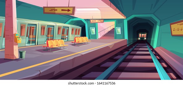 Metro station, arriving train to empty subway platform from underground tunnel. Vector cartoon illustration of subway interior with ticket vending machine, seats, map and stairs