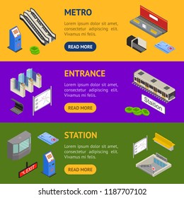 Metro Station Elements 3d Banner Horizontal Set Isometric View Include of Train, Platform, Ticket and Escalator. Vector illustration of Transport Public