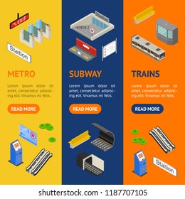 Metro Station Elements 3d Banner Vecrtical Set Isometric View Include of Train, Platform, Ticket and Escalator. Vector illustration of Transport Public