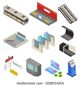 Metro Station Elements 3d Icons Set Isometric View Include of Train, Platform, Ticket and Escalator. Vector illustration of Transport Public