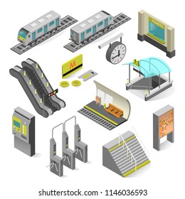 Metro station elements isometric. Subway station, railway rapid transit system, metro platform set and underground railway. Vector illustration