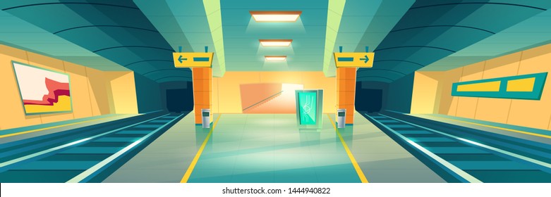 Metro Station, Empty Subway Platform, Underground Interior Design With Map And Ads Banners. Modern Metropolitan, Railroad Urban Transportation Background, Public Railway. Cartoon Vector Illustration