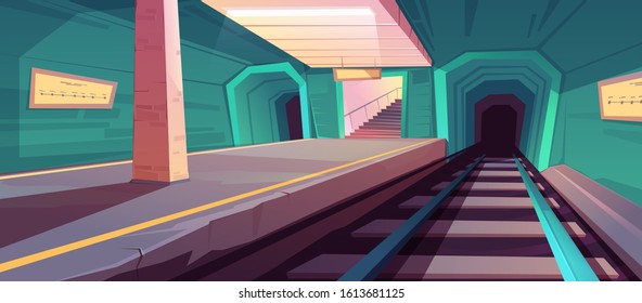 Metro station, empty subway platform, underground tunnel for train. Vector cartoon illustration of subway interior with railway for public electric transport, platform, map on wall and stairs