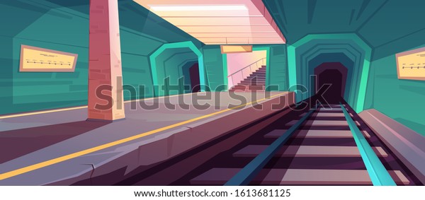 Metro Station Empty Subway Platform Underground Tunnel For Train Vector Cartoon Illustration