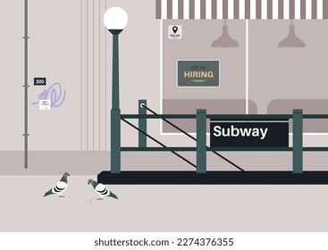 A metro station entrance, urban scene with pigeons and graffiti, big city life