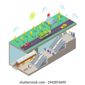 Metro station, flat vector illustration. Isometric city street cross section with subway entrance, train, tunnel, railway platform, escalator, entrance gate, ticket machine, information stand.