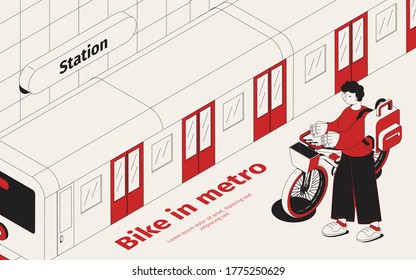 Metro station isometric background with young passenger with his bike waiting for train vector illustration